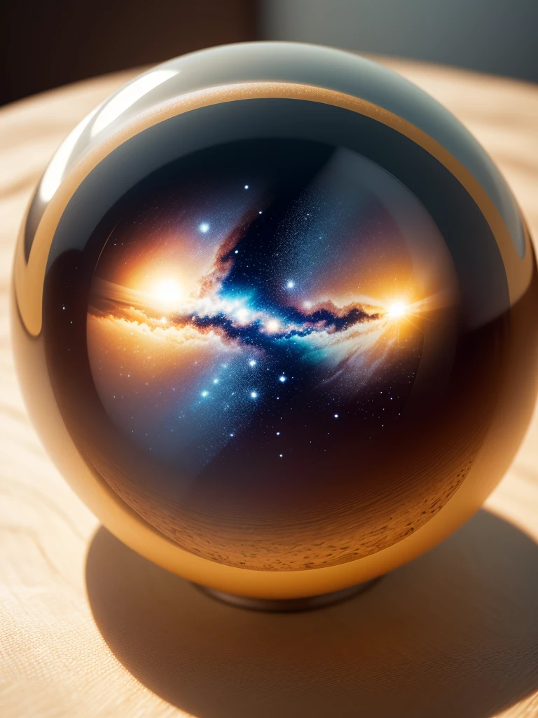 ultra-realistic, 16K high resolution, (Maximum Sharp Focus: 1.3), (close-up máximo: 1.5), (Geleira presa em uma bola de cristal perfeita com pedestal sobre a mesa: 1.7), (nascer do sol, Rio, lightnings, milky ways: 1.5), (luz de fundo: 1.3)