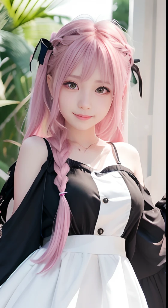 high-level image quality、anime girl with long hair and black dress posing for picture、up close shot、(A smile:1.5)、sayori, Anime visuals of cute girls, anime moe art style, loli in dress, Anime girl in white dress, pretty anime girl, (Anime Girl), Cute anime girl, Cute anime waifu in a nice dress, charming anime girls, Beautiful anime girl, Rin, Smooth Anime CG Art、(Pink hair), Ear Hair, small tits, Single braid, (Single braid), (Side braid)