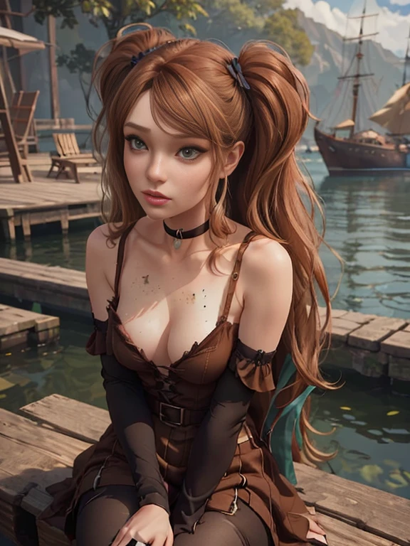 LifeStrangeRachel, mega twintails, 1girl, choker, large twintails, green eyes, very long hair, brown hair, bangs, (((freckles))), jewelry, fantasy, dock, sitting, dark hair, brown hair, (best quality, 8k, masterpiece:1.2, nsfw, ultra-detailed, realistic, photorealistic)