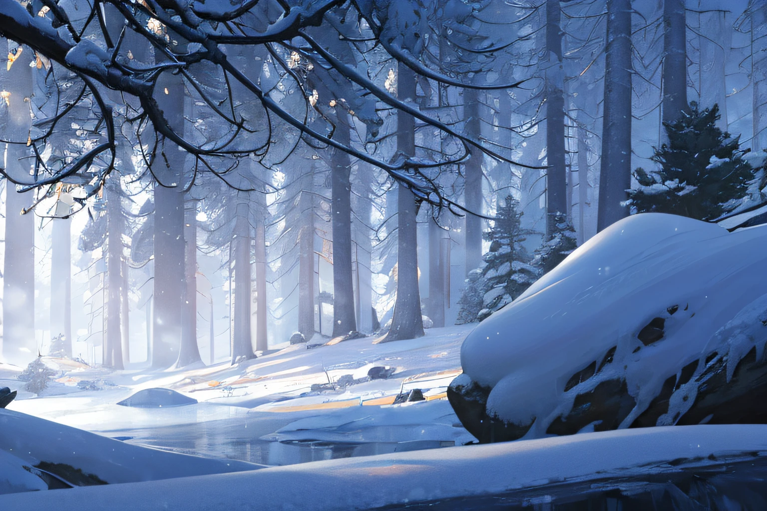 (Best quality), (Masterpiece), (Photorealistic), (Realistic), ultra - detailed, Unity 8k wallpaper, highly detailed CG, Ray traching, Sharp shadows, Great detail, Depth of field, Super detailed background, In the snowy forest, rime ice covers the branches，The sun shines through the mist，Realistic and mysterious scenes