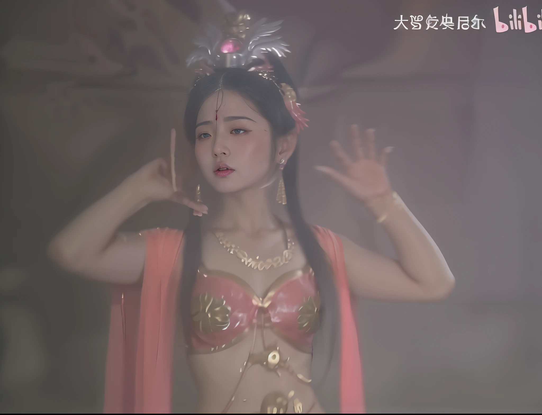 Asian succubus in pink bikini,The phoenix is worn on the head, Big chest,Sexual seduction,heavy makeups,I plugged my ears with my hands,Painful expression,Put on a belly dancing costume,open waist,Bare chest,femme fetal,Li Tang hairstyle,The Spiritual Journey of the West Scorpion,