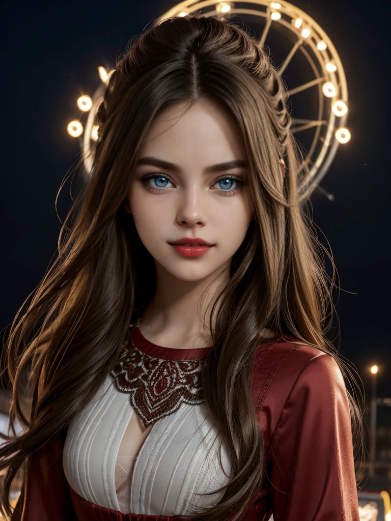 realistic, photorealistic, masterpiece, best quality, girl child 10 years, long hair EARPHONES, RED BACKGROUND, suspense atmosphere, red jacket, thriller, red jacket, wearing red jacket, brown pants red shirt, red jacket, wearing dead lion fantasy jacket, red and black costume!!!, red leather jacket. --auto --s2
