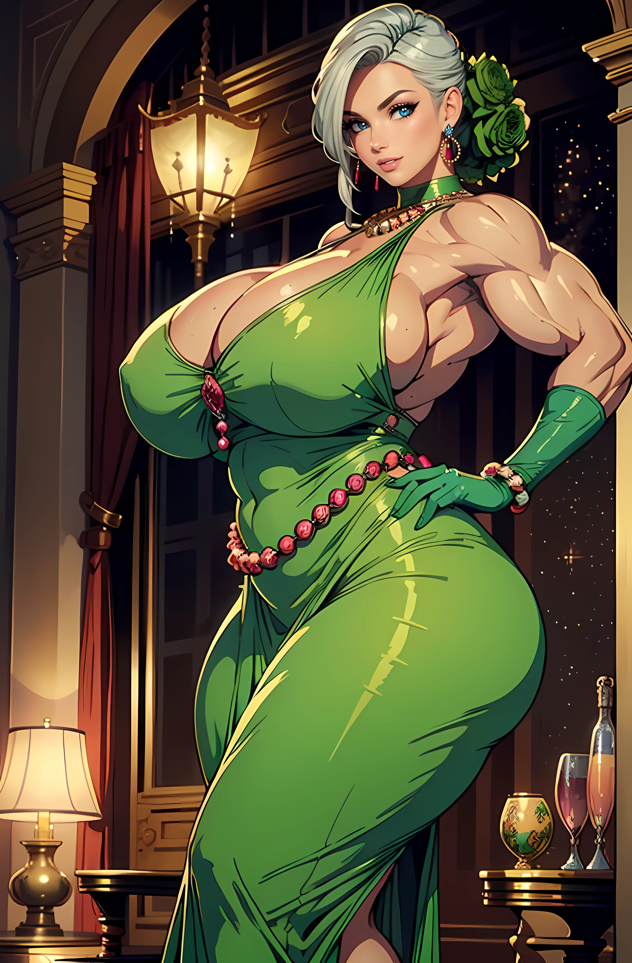 Best quality, solo mature woman, enormous breasts, giant ass, very curvy, tanned skin, ballroom hairstyle, pastel green eyes, full lips, seductive, smiling, ballroom dress, long gloves, silver jewellery, beads in hair, rose on dress, curvy physique, thick thighs, ((((huge muscles))))