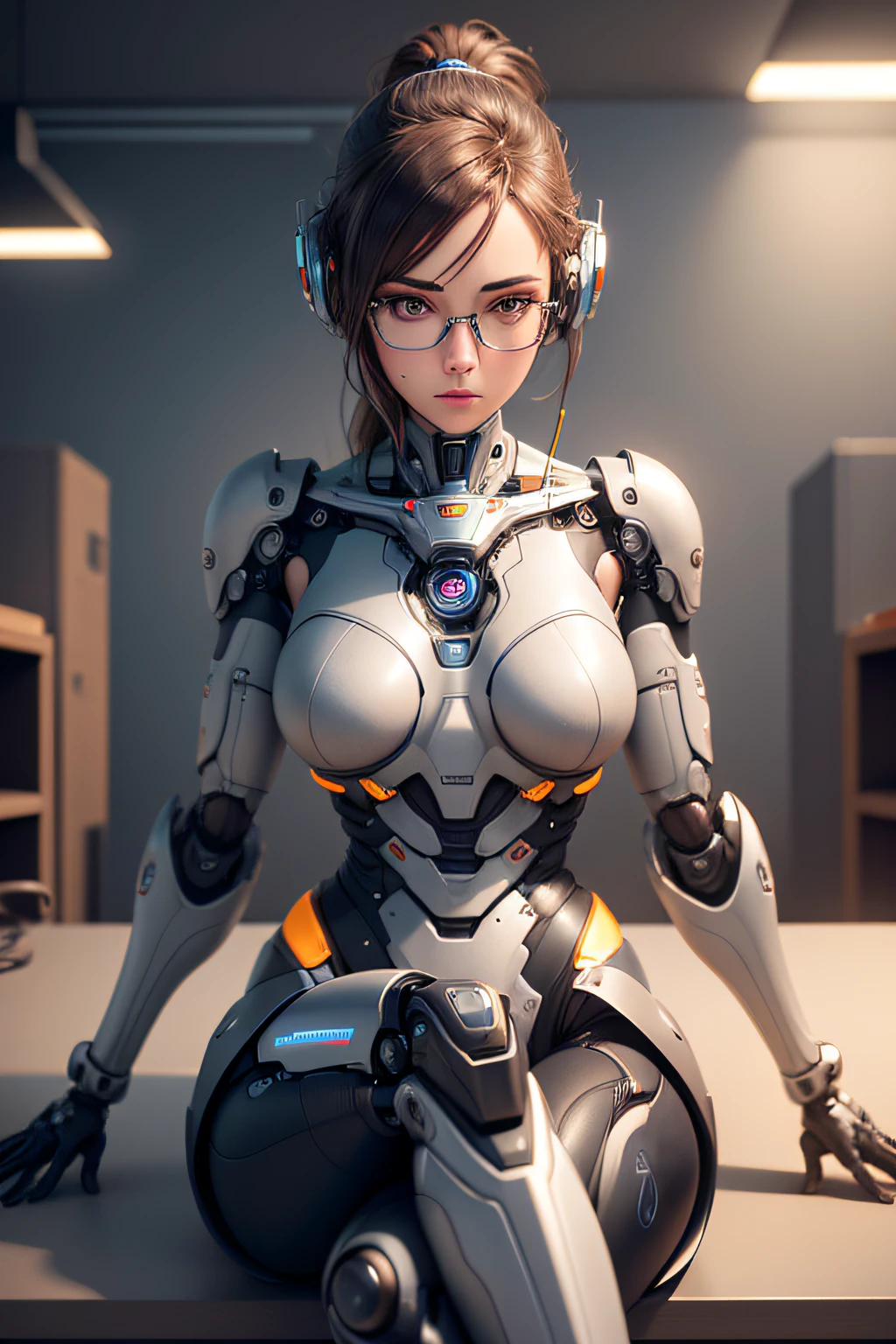 Female robot with glasses　Mechanical arm　mechanical legs　Mechanical fuselage　Ear coverings　The background is office　Sitting on a chair, nffsw, retinas, masutepiece, ccurate, Anatomically correct, Textured skin, Super Detail, high details, High quality, Best Quality, hight resolution