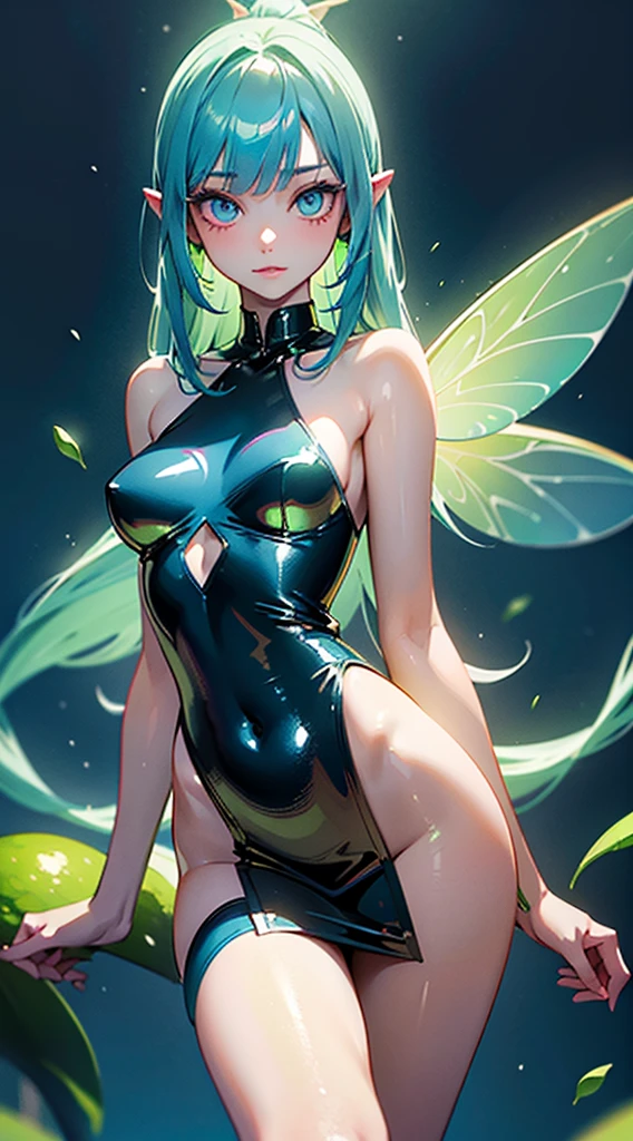 ((Masterpiece)), best quality, absurderes, ultra detailed, holographic, fairy girl, super beautiful asian girl with very beautiful lime blue eyes, beautiful glowing blue lime hair, straight long hair, nice and sexy body, wearing a very tight mini dress, very beautiful and luminescent fairy wings, flying in a psychodelic fairy forest with crazy mushrooms