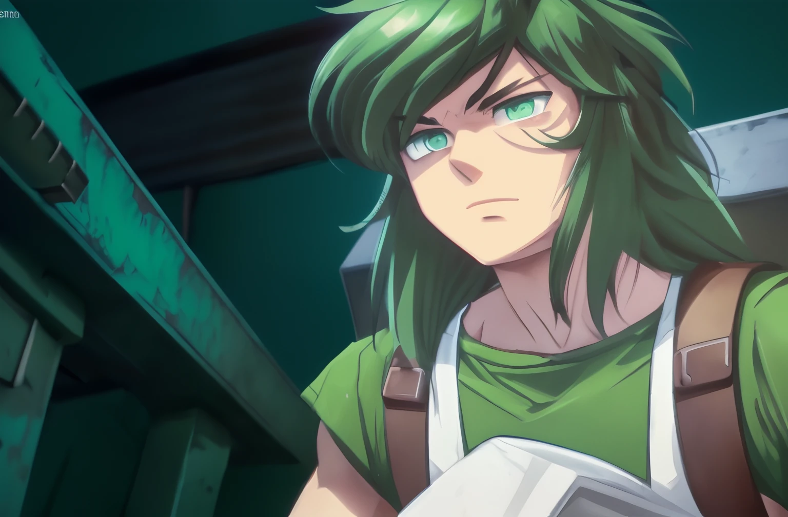 (masterpiece), (realistic), close up portrait of a man, (male), 18 years old, asian (1boy), serious expression, solo, (handsome man), ((pretty big green eyes)), ((well done eyes)), ((perfect eyes)), serious, powerful look, medium messy green hair, ((bangs)), hair blowing in the air, (beardless), green t-shirt, aurora boreal sky background, metal box on his back, handle leather shoulder straps, cinematic lighting. ((male face)).