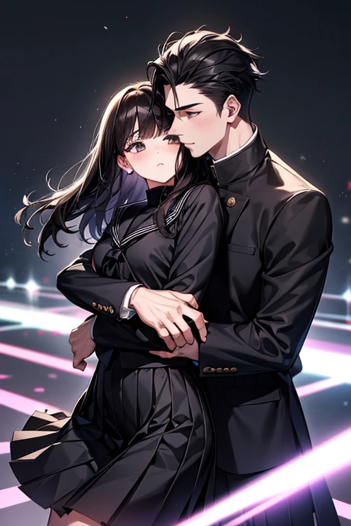 (1 girl), (1 boy), dark hair, man hugging woman, (man in black gakuran and black slacks), (woman in black sailor suit and black pleated skirt), 18 years old, cool guy, cute girl, hugging from behind, man hugging woman from behind, cinematic effect, romantic , mysterious, exact pose, exact human structure, high quality, high resolution, masterpiece.