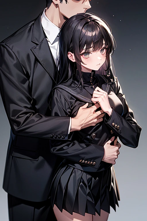 (1 girl), (1 boy), dark hair, man hugging woman, (man in black gakuran and black slacks), (woman in black sailor suit and black pleated skirt), 18 years old, cool guy, cute girl, hugging from behind, man hugging woman from behind, cinematic effect, romantic , mysterious, exact pose, exact human structure, high quality, high resolution, masterpiece.