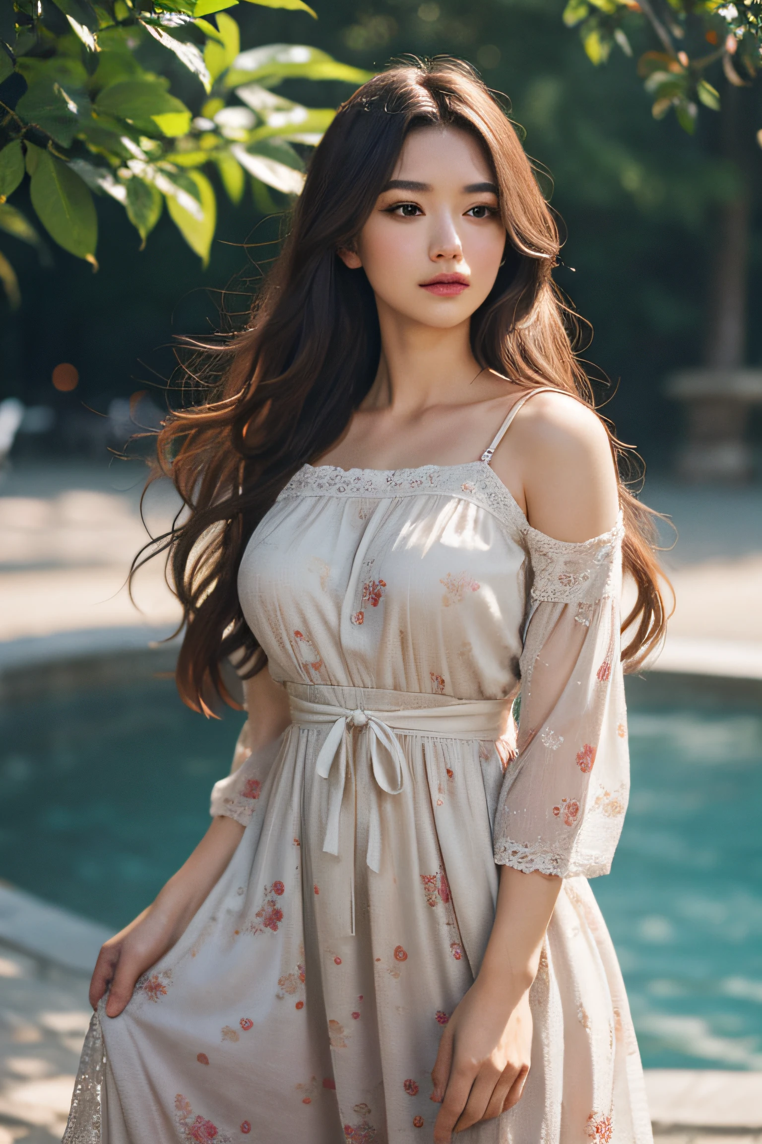 (masutepiece:1. 2), (Realistic:1. 4), (post processed:1. 3), (Sharp Focus:1. 3), 8K, mid-body shot (85mm Photo) , femele, Portrait, plein air, Empire Waist Dress, Bokeh, Wavy Hair , (Highly detailed body, Highly detailed face, Highly detailed eye, Best Quality:1. 2)