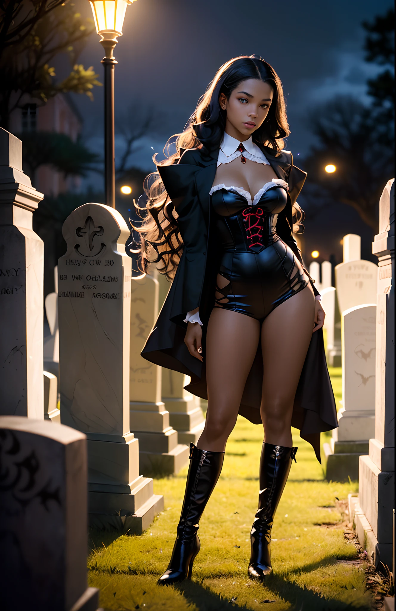 ((16-year-old))) black girl, (((light skin))), (((vampire))), (((New Orleans cemetary, early 20th century night time during mardi grad))), (((bats flying around))), dusk, (((close-up full body pose))),  (((long wavy black hair))), high heel boots, (((wearing period clothing))), dark fantasy art, Rich, Deep Colours, (intricate details:0.9), (HDR, hyper-detailing:1.2), (natural skin textures, hyper realisitc, soft light, Sharp),