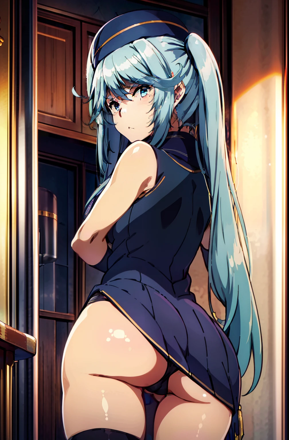 Militar costume aqua eyes aqua hair ass bare shoulders blush butt crack cameltoe dress embarrassed female from behind hairclip headdress huge ass long hair looking at viewer looking back  panties skirt solo thick thighs thighhighs twintails very long hair holding a m16, Militar suit, militar hat