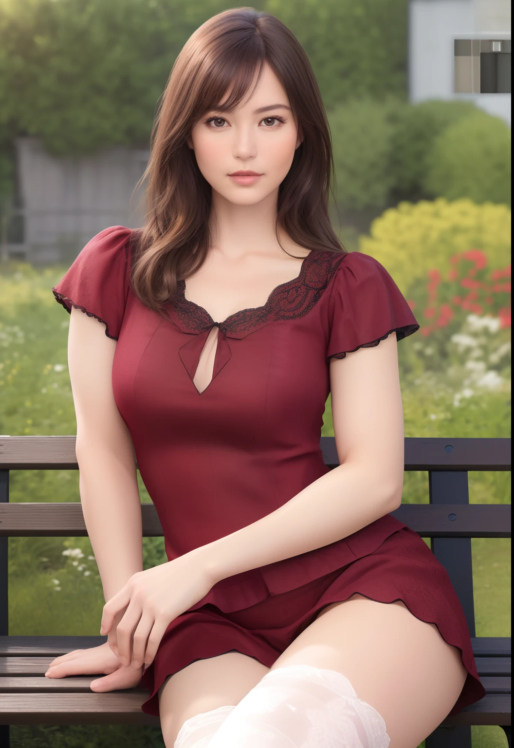 wide angle,cowboy shot,(on bench, hand on own legs,garden),toned,muscular,stockings, (parted lips,light smile),(shiny skin),blush,(skindentation),masterpiece, highest quality, highres,absurdres,(looking at viewer),photo referenced,best quality, ultra high res, (photorealistic:1.4),(detailed face and eyes),
