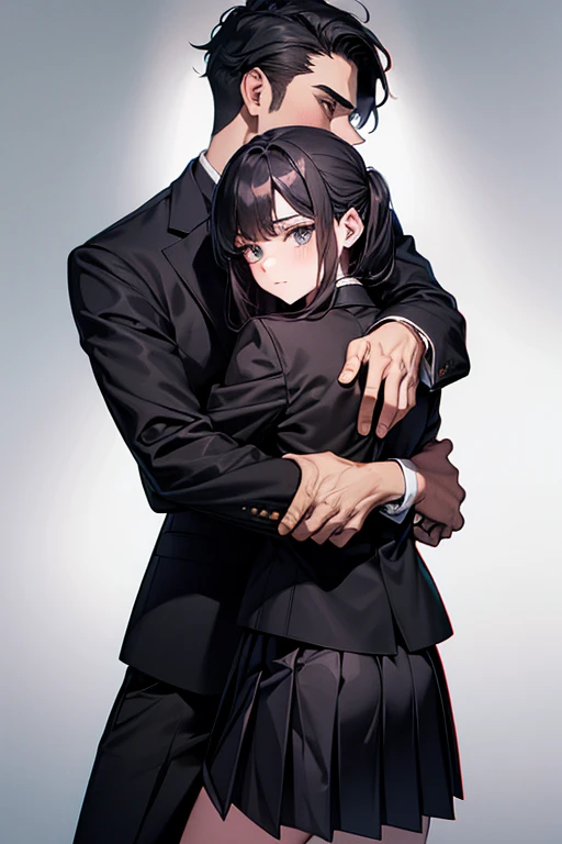 (1 girl), (1 boy), dark hair, man hugging woman, (man in black gakuran and black slacks), (woman in black sailor suit and black pleated skirt), 18 years old, cool guy, cute girl, hugging from behind, man hugging woman from behind, cinematic effect, romantic , mysterious, exact pose, exact human structure, high quality, high resolution, masterpiece.