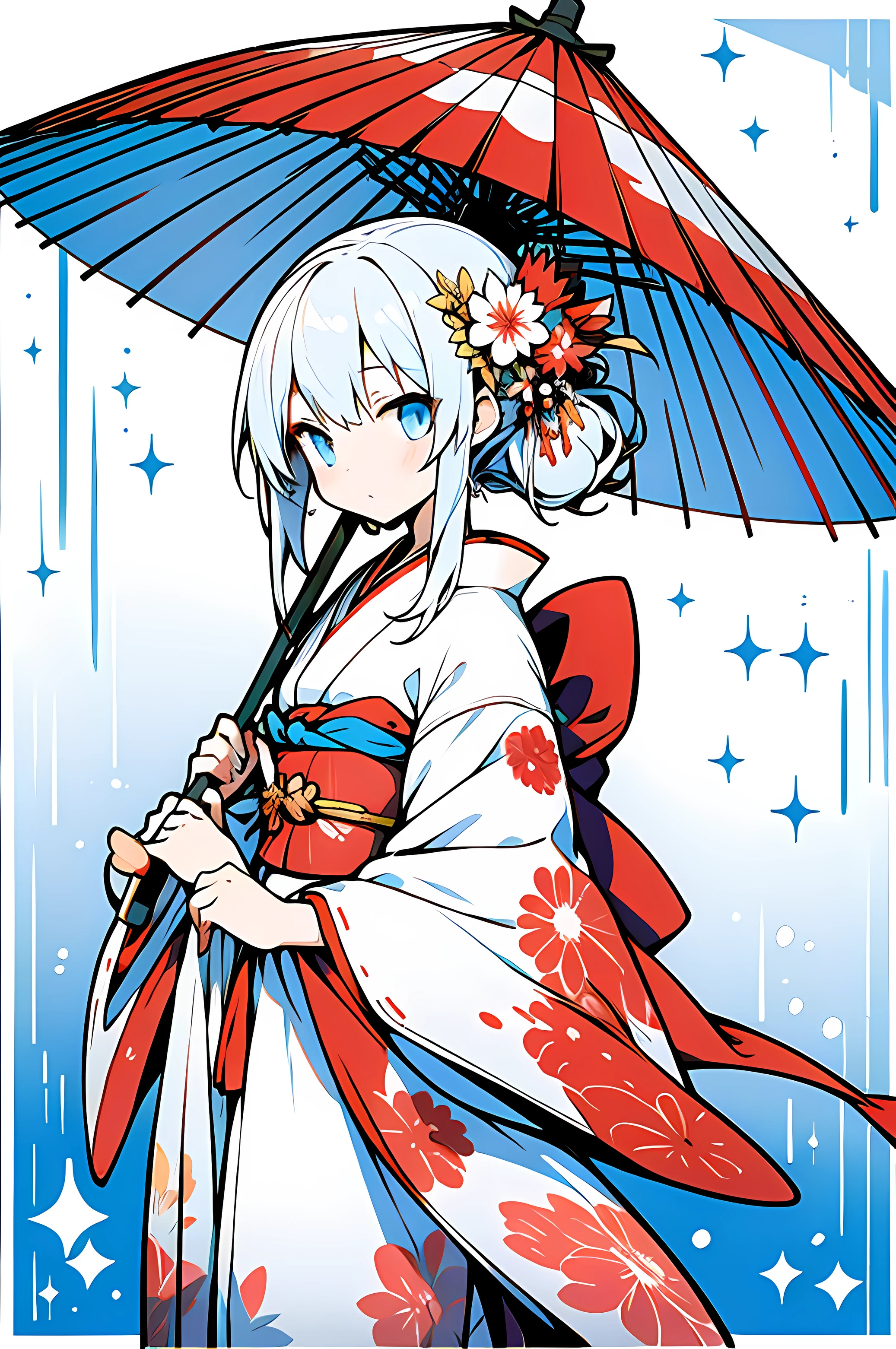 Anime girl in kimono, holding umbrella,