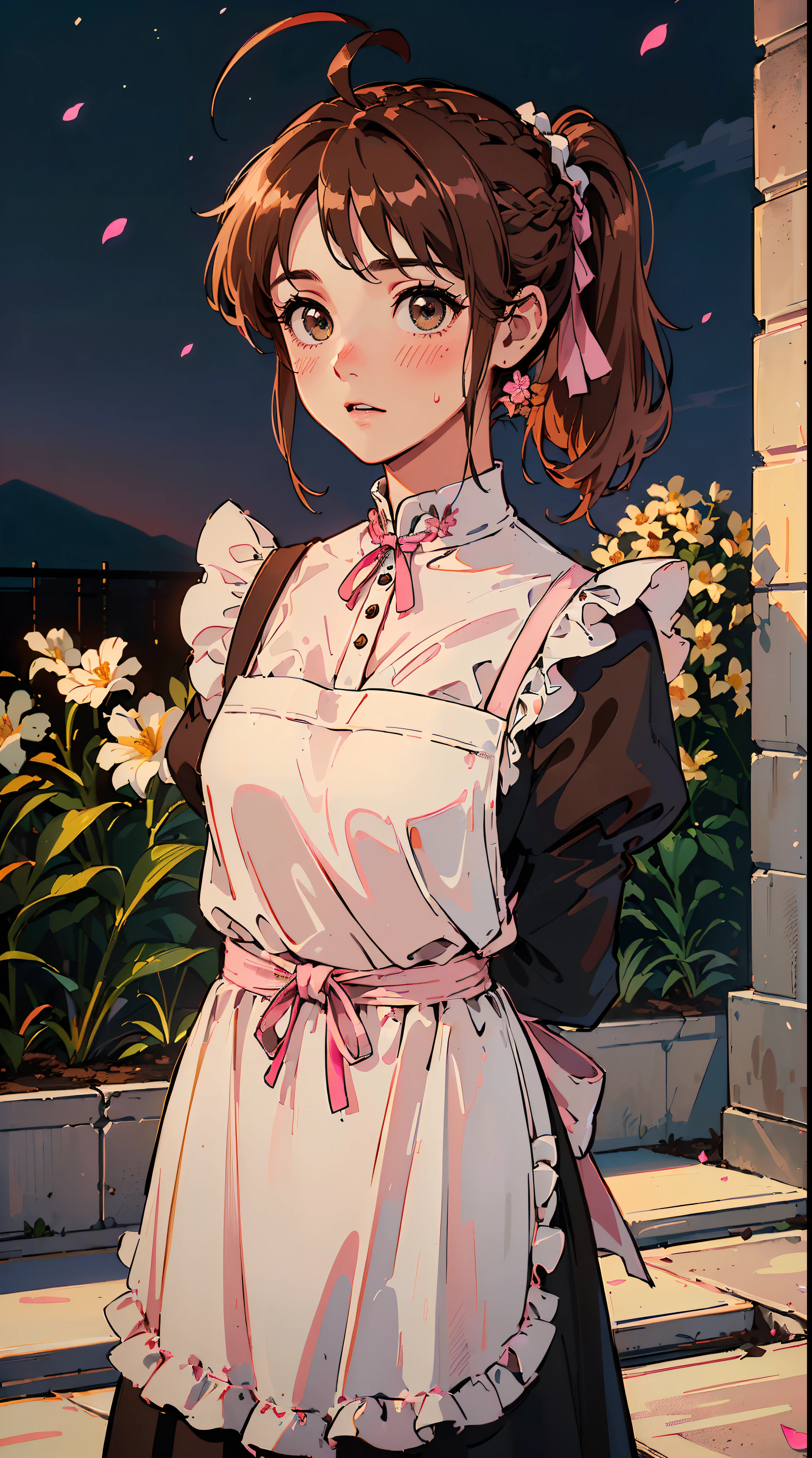 (((((((arms behind back,Blushing,cute cheeks,brown hair，gothic maid apron with flower))))))，((1girl,Solo,Amazing,Cute Korean mixed-race girl，rosto magro,))(Masterpiece,Best quality, offcial art, Beautiful and aesthetic:1.2),((HD,Golden ratio,)) (16k),((sakura petals,snow pieces)),(Physically-based rendering),((((on a desert,at night,)))) (((highdetailskin,)))，((hair crown)),((((detailed hairs|middle hair|french braid|knot top|soaked hair|side ponytail|ahoge)))),Slender,thicc,(masterpiece sidelighting),(The sheen),(Beautiful hair,Beautiful eyes,）[[Delicate fingers and hands:0.55]::0.85],(Detail fingers),(((Superior quality,)))),((unbelievable Ridiculous quality,)),((extremely_Detailed_Eyes_and_face)),Movie girl,(Dynamic configuration: 1.2),Brilliant, (Photorealistic), ((pink ribbon on hair)),Ultra-precise depiction, Ultra-detailed depiction