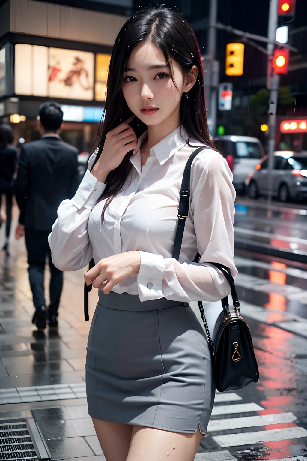 High-definition images、photos realistic、Japan woman wet in the rain、She's in trouble。White blouses、Black Second Bag、a miniskirt、Wearing a suit。infp young woman。I'm wet all over the city。