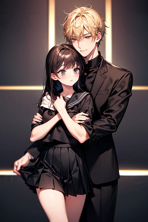(1 girl), (1 boy), dark hair, man hugging woman, (man in black gakuran and black slacks), (woman in black sailor suit and black pleated skirt), 18 years old, cool guy, cute girl, hugging from behind, man hugging woman from behind, cinematic effect, romantic , mysterious, exact pose, exact human structure, high quality, high resolution, masterpiece.