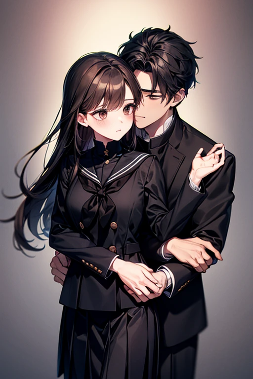 (1 girl), (1 boy), dark hair, man hugging woman, (man in black gakuran and black slacks), (woman in black sailor suit and black pleated skirt), 18 years old, cool guy, cute girl, hugging from behind, man hugging woman from behind, cinematic effect, romantic , mysterious, exact pose, exact human structure, high quality, high resolution, masterpiece.