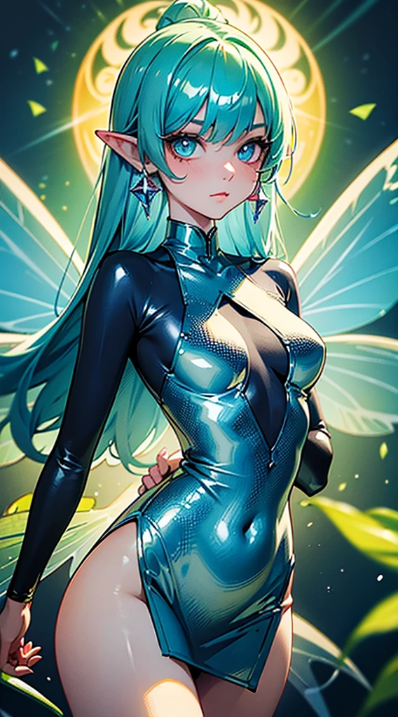 tmasterpiece, beste-Qualit, anatomically correct, Anime skin layer, (1 winged woman), (Aquamarine green hair), Dragonfly wings, (wings on the back), pointed ears, The long, funny, Medieval heroine