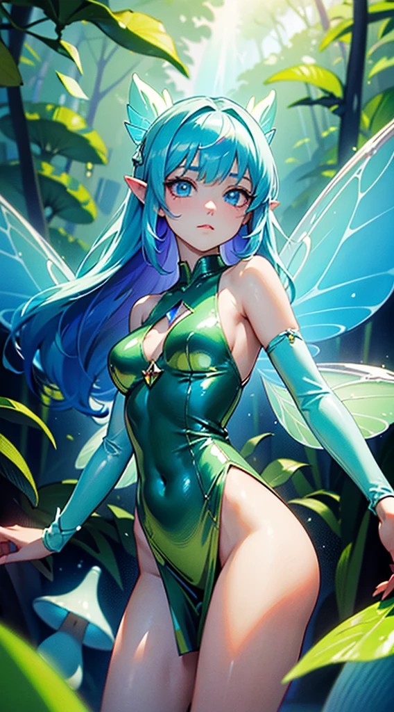 ((Masterpiece)), best quality, absurderes, ultra detailed, holographic, fairy girl, super beautiful asian girl with very beautiful lime blue eyes, beautiful glowing blue lime hair, straight long hair, nice and sexy body, wearing a very tight mini dress, very beautiful and luminescent fairy wings, flying in a psychodelic fairy forest with crazy mushrooms