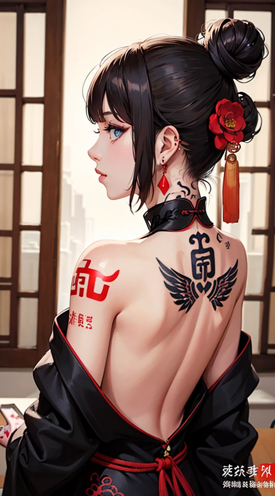 (masterpiece best quality:1.4),1girl, (tattoo of chinese text:1.5), solo, back tattoo, hair flowers, long hair, blue eyes, looking at viewer,back tattoo,tattoo,looking back, from behind, black hair, tassel, bare shoulders, hanfu, chinese clothes,back, bangs, upper body, earrings, indoors, nape, off shoulder, jewelry, eyelashes, lips, back focus, profile, hair bun, sliding doors, piercing, single hair bun,
