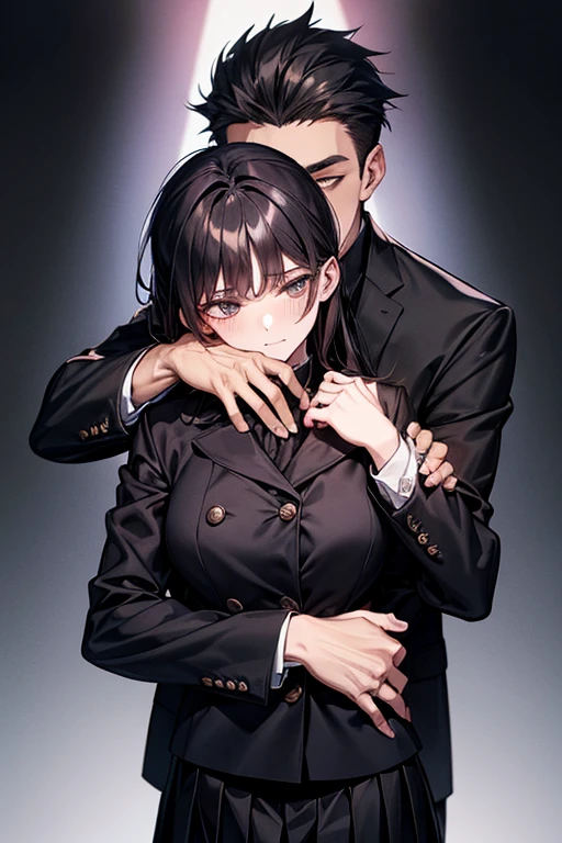 (1 girl), (1 boy), dark hair, man hugging woman, (man in black gakuran and black slacks), (woman in black sailor suit and black pleated skirt), 18 years old, cool guy, cute girl, hugging from behind, man hugging woman from behind, cinematic effect, romantic , mysterious, exact pose, exact human structure, high quality, high resolution, masterpiece.