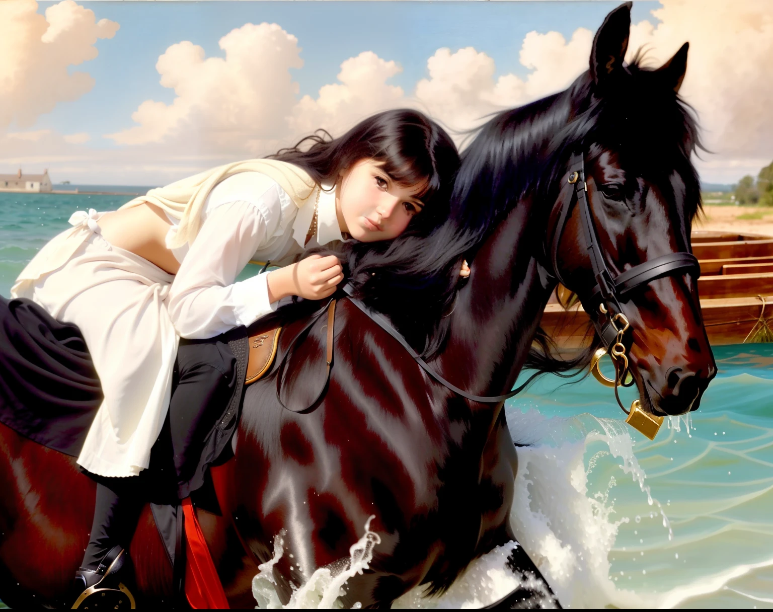 There is a young girl riding a  black friesian horse on a baech