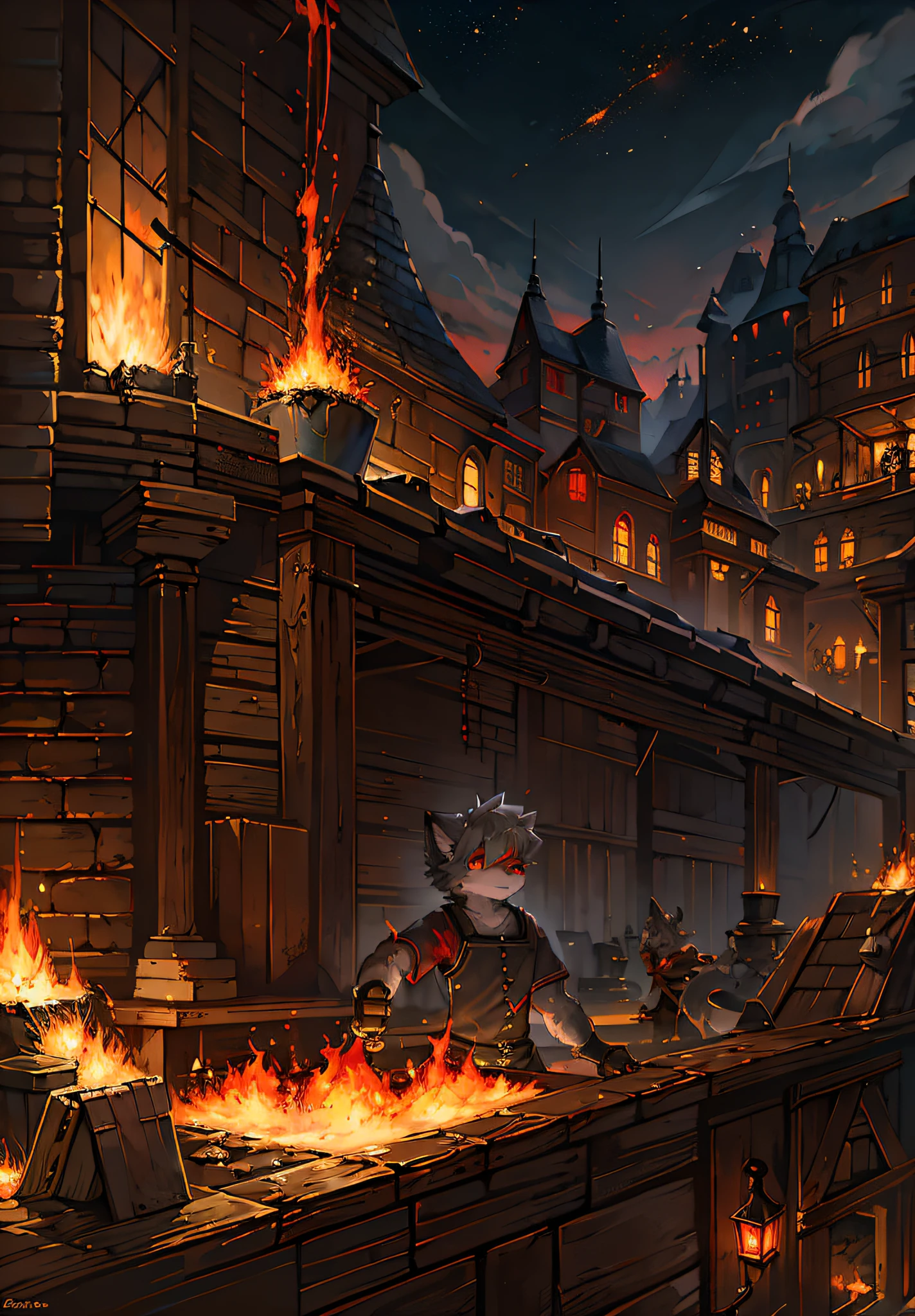 Masterpiece, high quality, digital painting/(artwork/), (anthro, fluffy fur), anthro male cat, short hair, eyes with brightness, panoramic view, (full body fur, fluffy tail, grey fur, red eyes, gray hair), blacksmith outfit, high detail background, forge, foundry, hot colors, sparks, welding