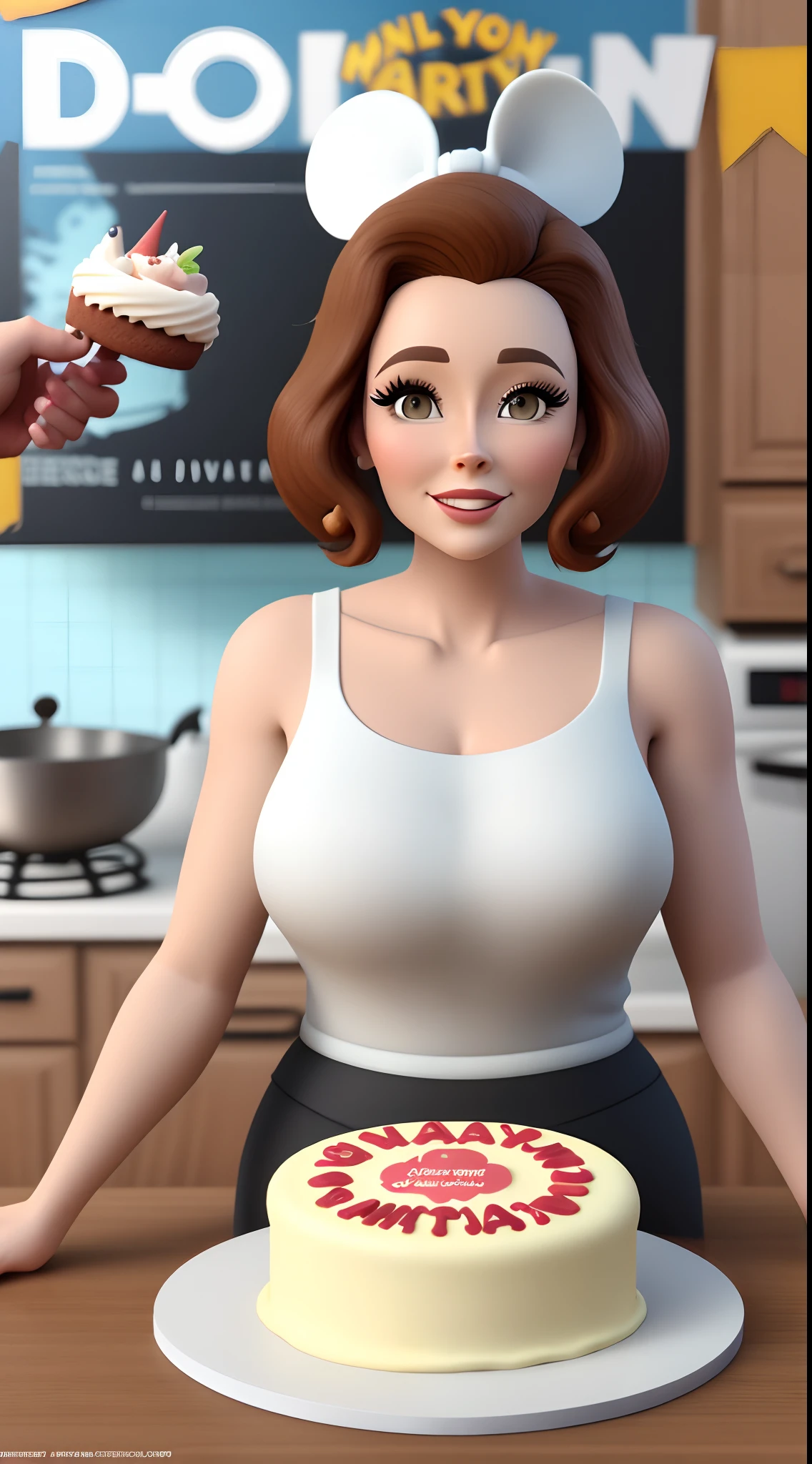 Poster 3 D inspirado na Disney Pixar, Uma mulher confeiteira, com pele clara,cabelos loiro, olhos castanhos, avental  branco com nome Doce Dom, Woman is making a party cake, na mesa tem batedeira. Ao fundo uma parede com nome logo Doce Dom