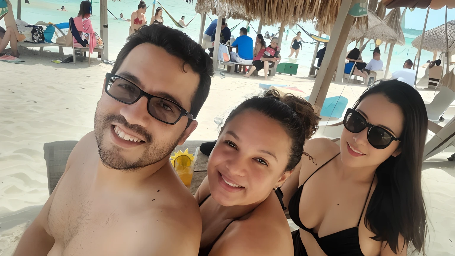 There are two people sitting on a beach with an umbrella, na praia, vacation photo, na praia, imagem de perfil, foto de praia, na praia, na praia, em uma praia, em uma praia, Praia Varadero, em uma praia ensolarada, pessoas na praia, foto do perfil, divertindo-se, em uma praia tropical, Relaxando na praia