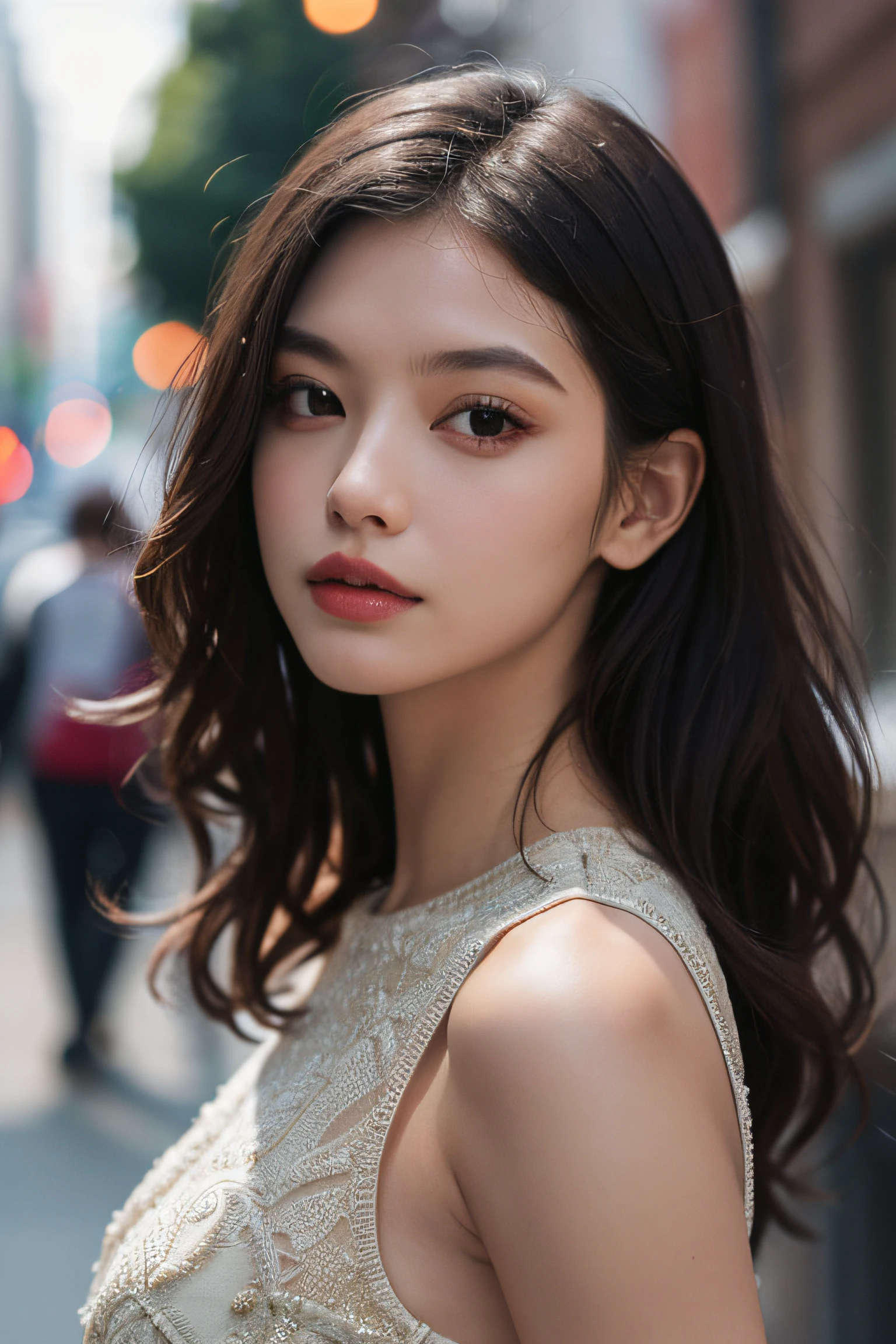 (masutepiece:1. 2), (Realistic:1. 4), (post processed:1. 3), (Sharp Focus:1. 3), 8K, mid-body shot (85mm Photo) , femele, Portrait, plein air, Empire Waist Dress, Bokeh, Wavy Hair , (Highly detailed body, Highly detailed face, Highly detailed eye, Best Quality:1. 2)