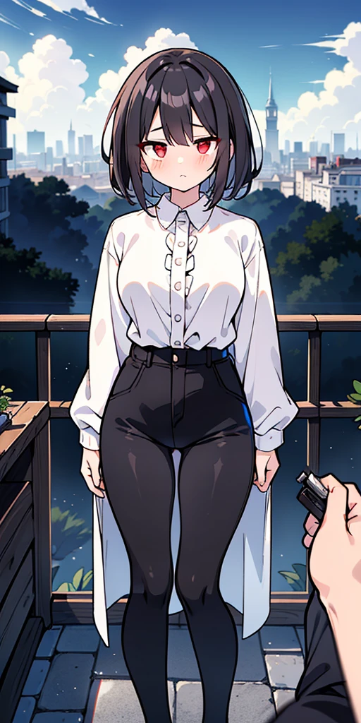 ((masutepiece)), ((Best Quality)), girl, ((Beautiful body)), pale skin, ((Red Eyes)), Short hair, ((Painted black white hair)), ((Highlight Effects) For hair)), ((Long-sleeved shirt)), ((Tight pants)), ((Clothing Accessories)), eyebrow, ((Perfect)), thin waist, ((thick legs)), ((Large Thigh )), ((Landscape in the background)), ((Modern world)), ((city)), (People who are out of focus), ((beautiful day)), (Clouds), POV, ((Viewer View)) , ((I want to hug)), ((blush)), Lustful,