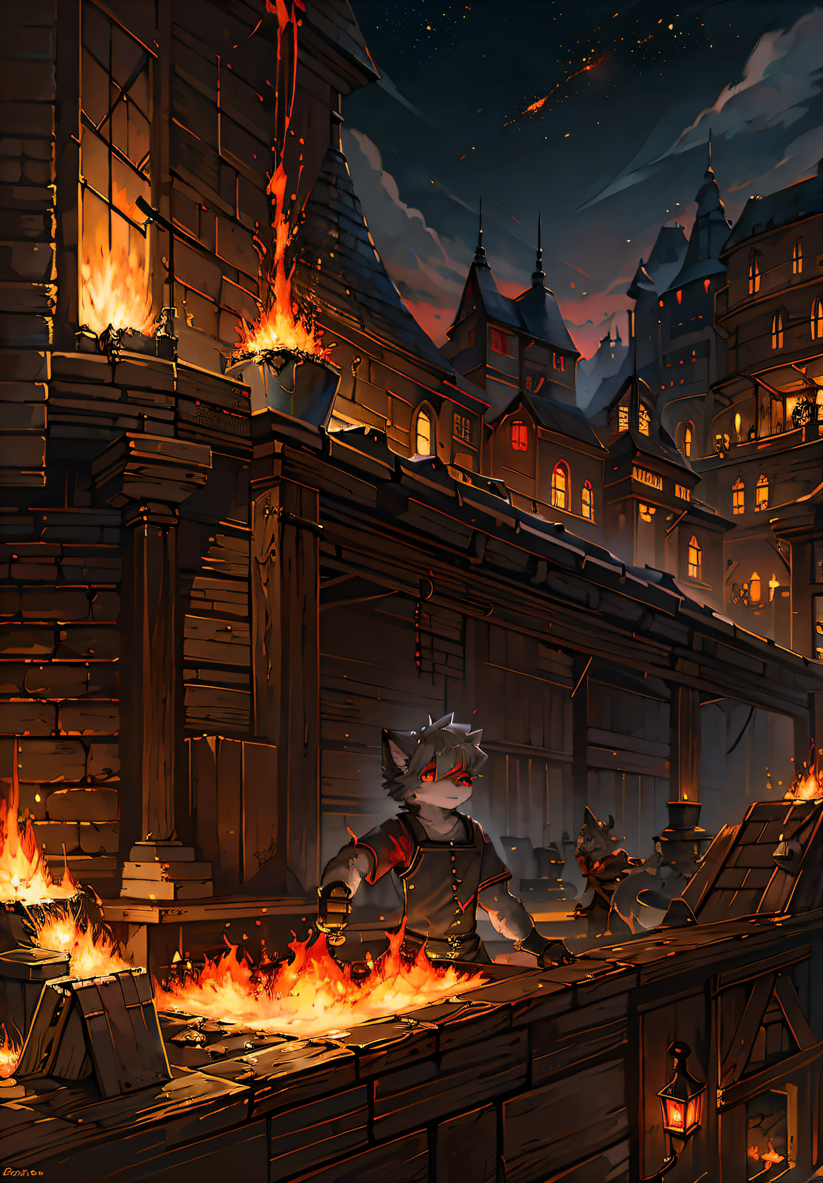 Masterpiece, high quality, digital painting/(artwork/), (anthro, fluffy fur), anthro male cat, short hair, eyes with brightness, panoramic view, (full body fur, fluffy tail, grey fur, red eyes, gray hair), blacksmith outfit, high detail background, forge, foundry, hot colors, sparks, welding