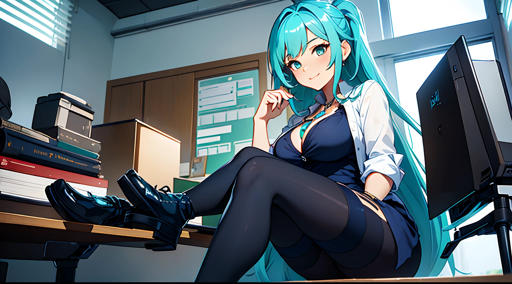 (masterpiece), best quality, (Highly Detailed CG Unity 8k wallpaper), Detailed background, (Hands by Guido Daniele: 0.5), First person perspective, 1, Beautiful human girl who is attractive and perfect, ager, (long turquoise hair), (royal ponytail hair: 1.12),(turquoise eyes: 1.13), (curvaceous), slender legs, BREAK
((wearing navy blue office dress)), (UGG boots), (black tights), ((cleavage)), BREAK
Look at the viewer, low side view angle, (sitting with legs crossed), sitting on office desk, sexy, hot, beautiful face, (Blush: 0.90), (Smile: 1.11)expressive eyes, perfect face, aqua hair, large breasts, SFW,