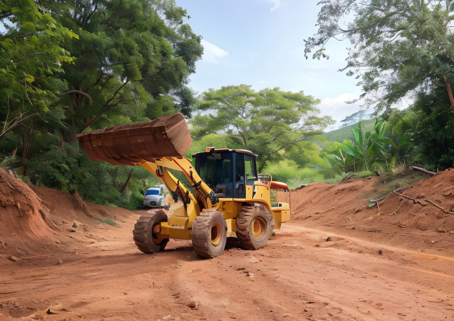 Crie um cartaz estilo Disney. Yellow CAT excavator with bucket raised. Estrada cheia de lama depois da chuva, Trees and vegetation in the background and blue sky with clouds. Alta qualidade. Melhor qualidade