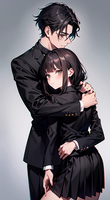(1 girl), (1 boy), dark hair, man hugging woman, (man in black gakuran and black slacks), (woman in black sailor suit and black pleated skirt), 18 years old, cool guy, cute girl, hugging from behind, man hugging woman from behind, cinematic effect, romantic , mysterious, exact pose, exact human structure, high quality, high resolution, masterpiece.