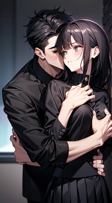 (1 girl), (1 boy), dark hair, man hugging woman, (man in black gakuran and black slacks), (woman in black sailor suit and black pleated skirt), 18 years old, cool guy, cute girl, hugging from behind, man hugging woman from behind, cinematic effect, romantic , mysterious, exact pose, exact human structure, high quality, high resolution, masterpiece.