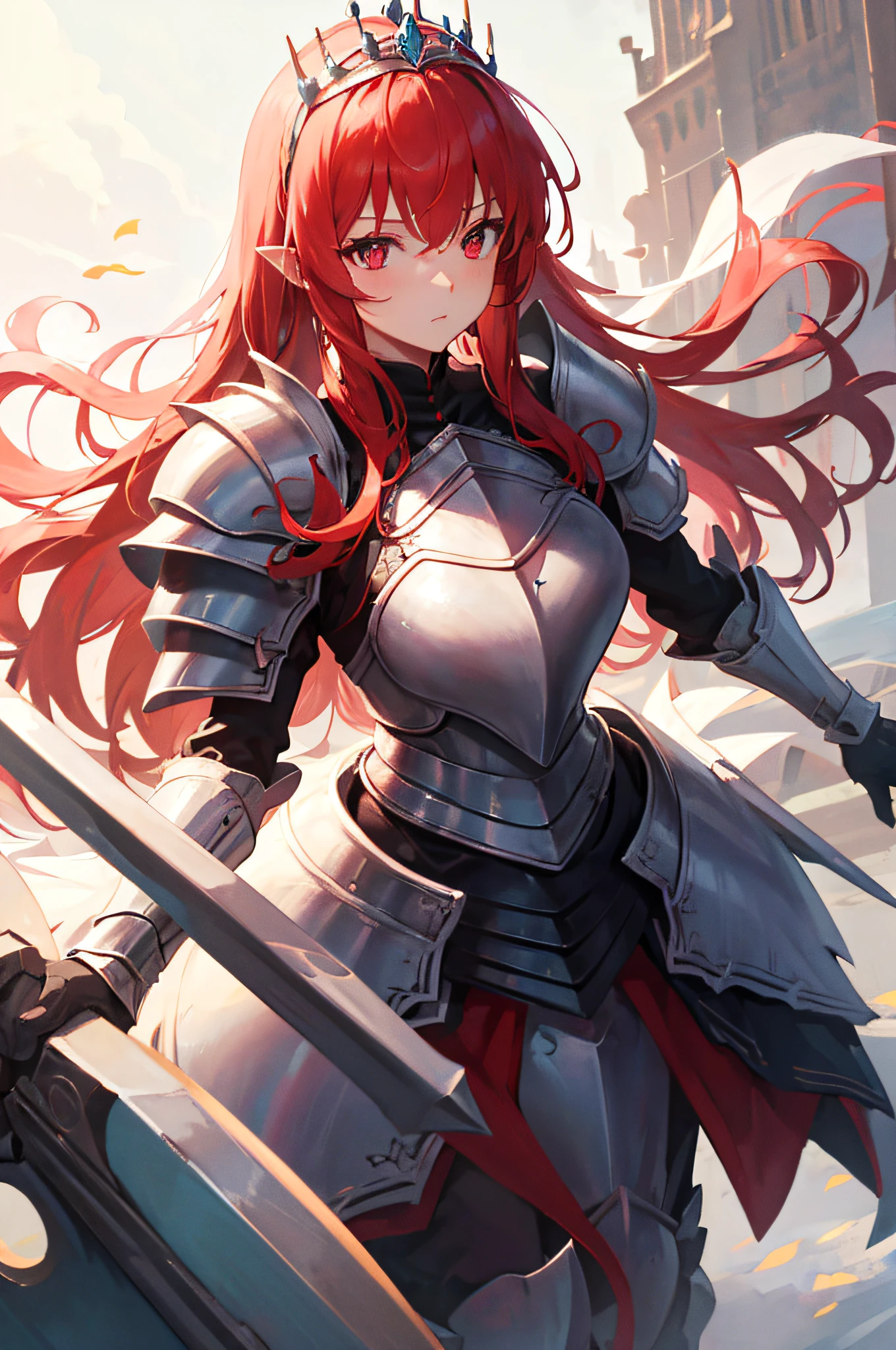 4k,hight resolution,One Woman,White red hair,Longhaire,Bright red eyes,hime,Princess Knight,Princess Dresses,knight armor,Heavy Armor,Princess Tiara,Excalibur,jewel decorations