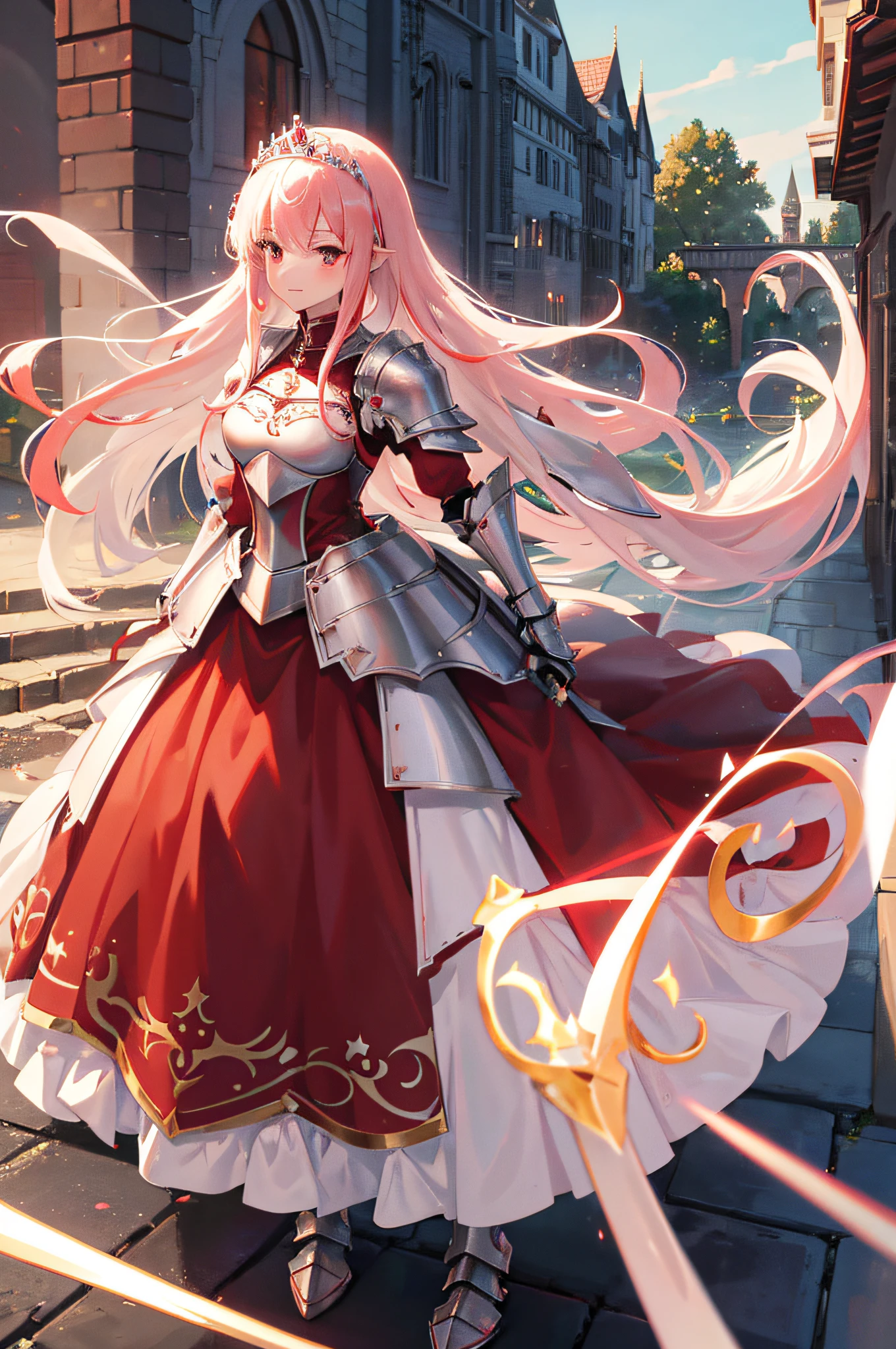 4k,hight resolution,One Woman,White red hair,Longhaire,Bright red eyes,hime,Princess Knight,Princess Dresses,knight armor,Heavy Armor,Princess Tiara,Excalibur,jewel decorations