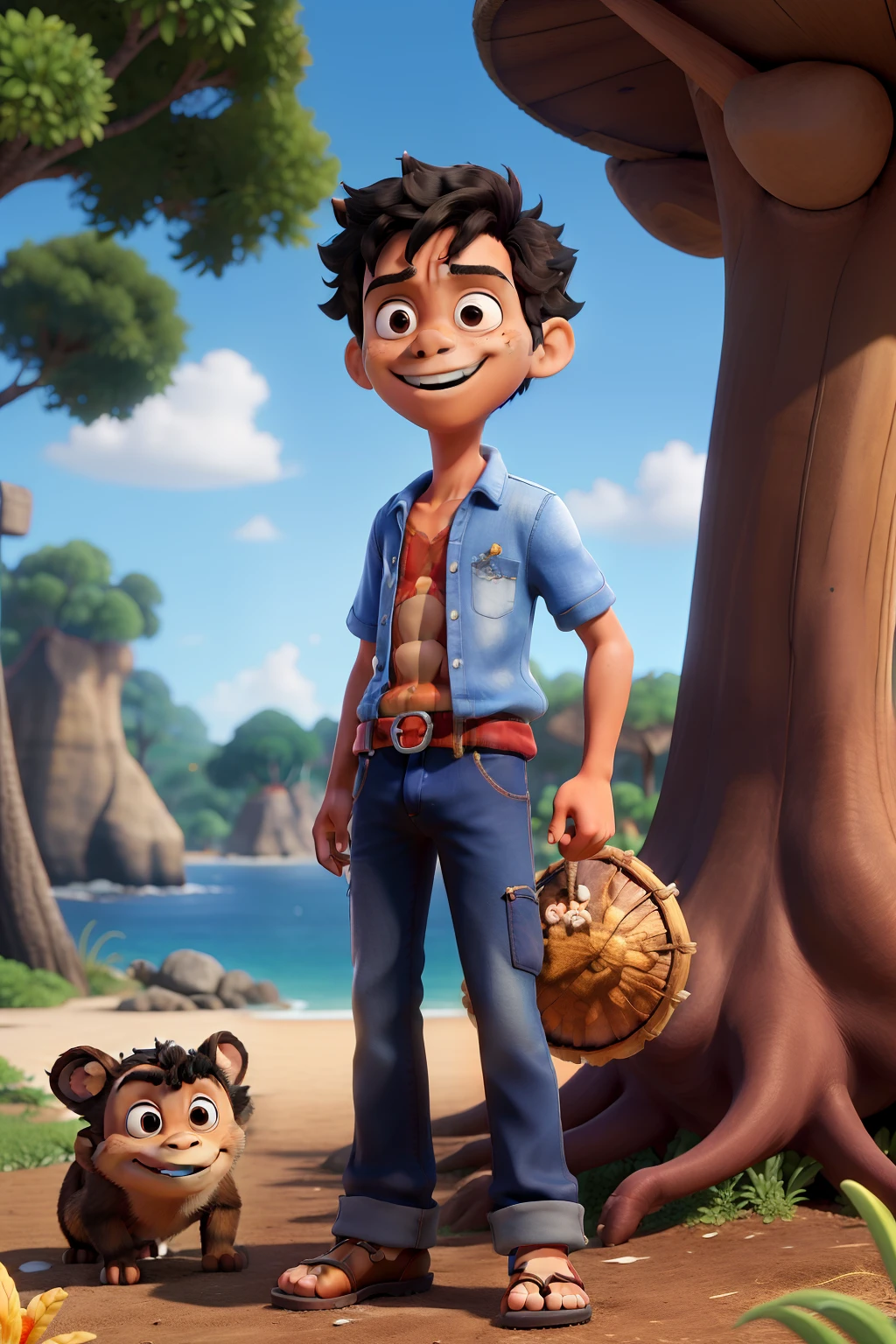 Obra-prima, de melhor qualidade, menino de 9 anos, com fantasia de luffy, macaco d luffy, cabello curto preto, casaco vermelho e bermuda azul, Standing in the park