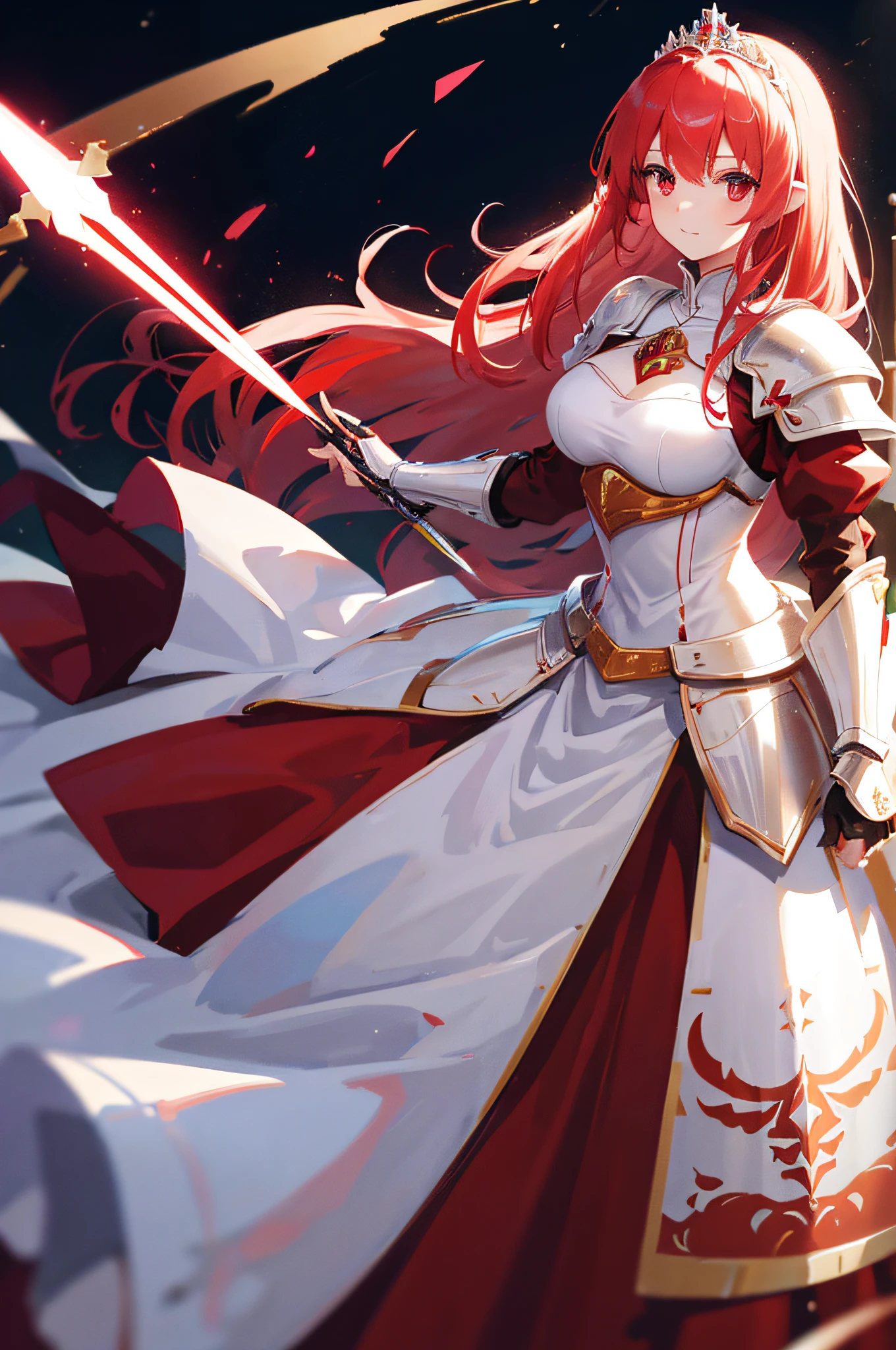 4k,hight resolution,One Woman,White red hair,Longhaire,Bright red eyes,hime,Princess Knight,Princess Dresses,knight armor,Heavy Armor,Princess Tiara,Excalibur,jewel decorations