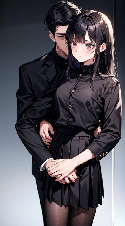 (1 girl), (1 boy), dark hair, man hugging woman, (man in black gakuran and black slacks), (woman in black sailor suit and black pleated skirt), 18 years old, cool guy, cute girl, hugging from behind, man hugging woman from behind, cinematic effect, romantic , mysterious, exact pose, exact human structure, high quality, high resolution, masterpiece.