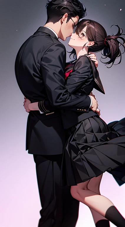 (1 girl), (1 boy), dark hair, man hugging woman, (man in black gakuran and black slacks), (woman in black sailor suit and black pleated skirt), 18 years old, cool guy, cute girl, hugging from behind, man hugging woman from behind, cinematic effect, romantic , mysterious, exact pose, exact human structure, high quality, high resolution, masterpiece.