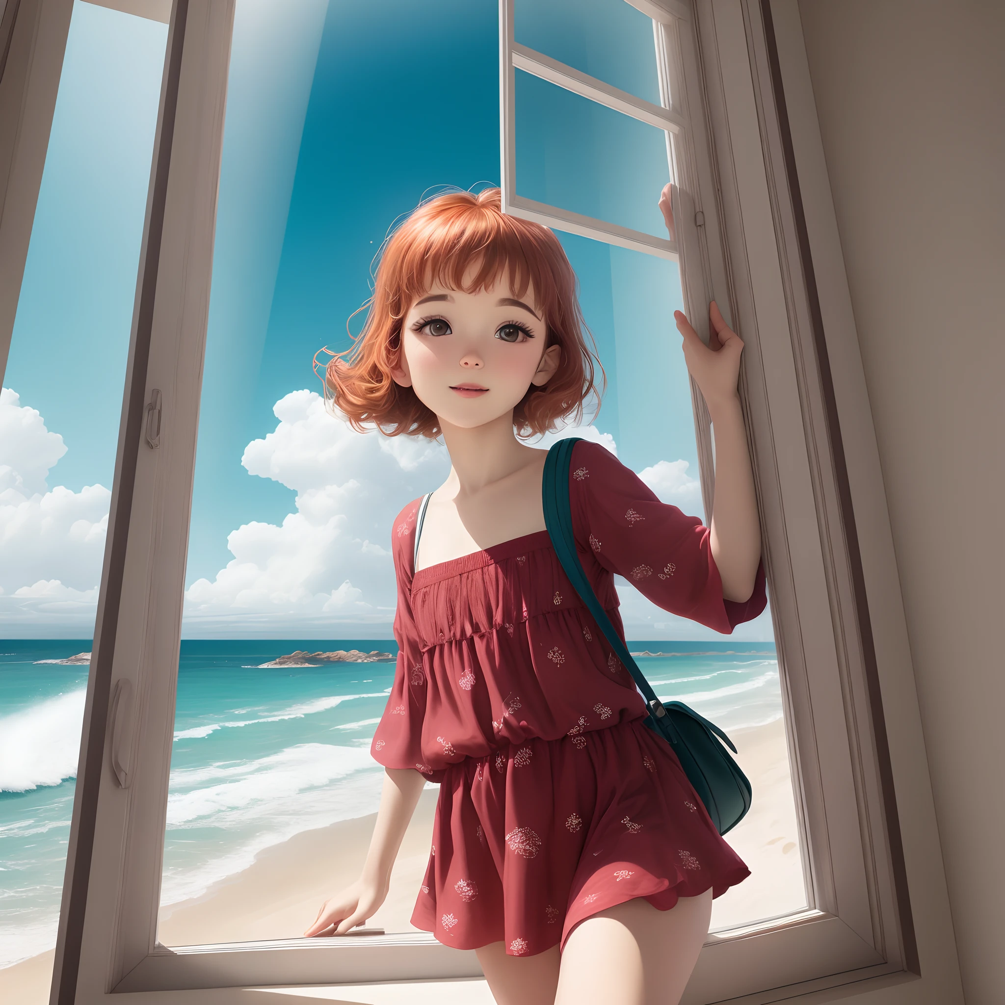 A window into space, flutuando em uma praia em um estilo barroco