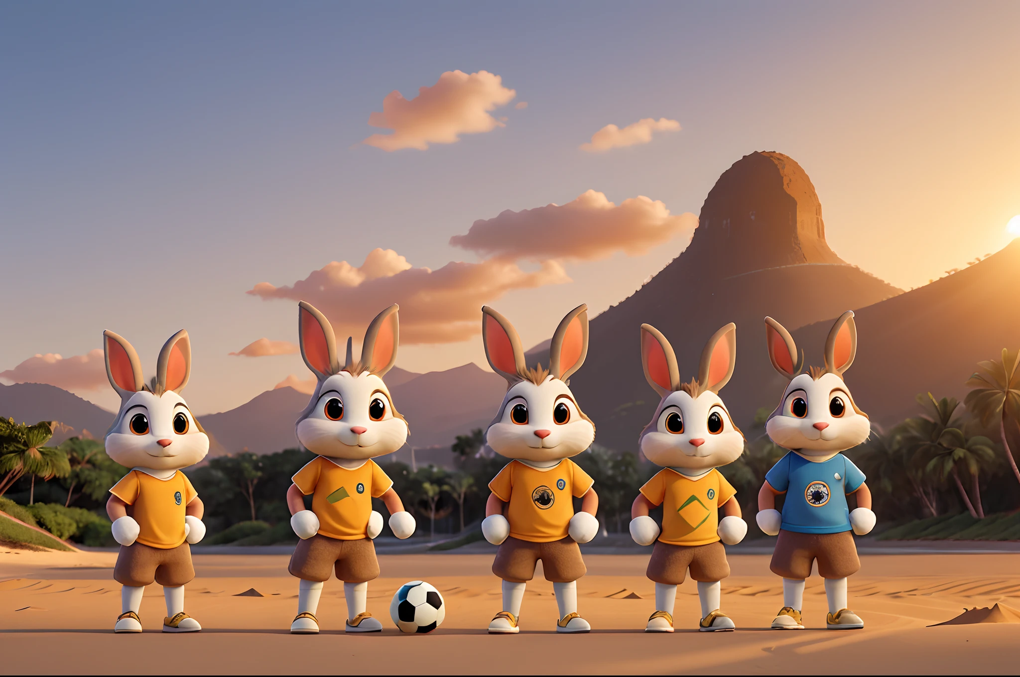 A grups of anthropomorphic rabbits, wearing sports clothing, playing soccer on a Brazilian beach, very dynamic image, illuminated by sunset light, clear sand, some hills on the distance.
