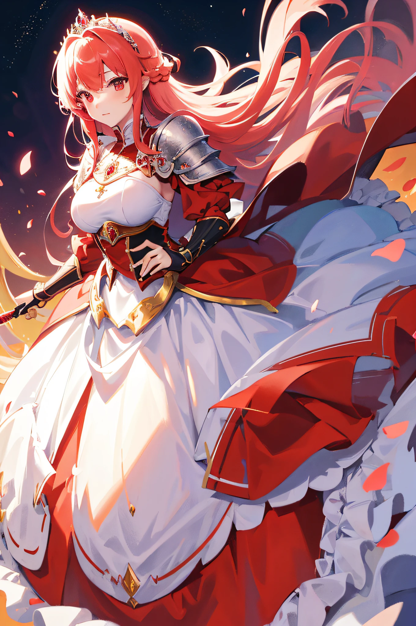 4k,hight resolution,One Woman,White red hair,Longhaire,Bright red eyes,hime,Princess Knight,Princess Dresses,knight armor,Heavy Armor,Princess Tiara,Excalibur,jewel decorations