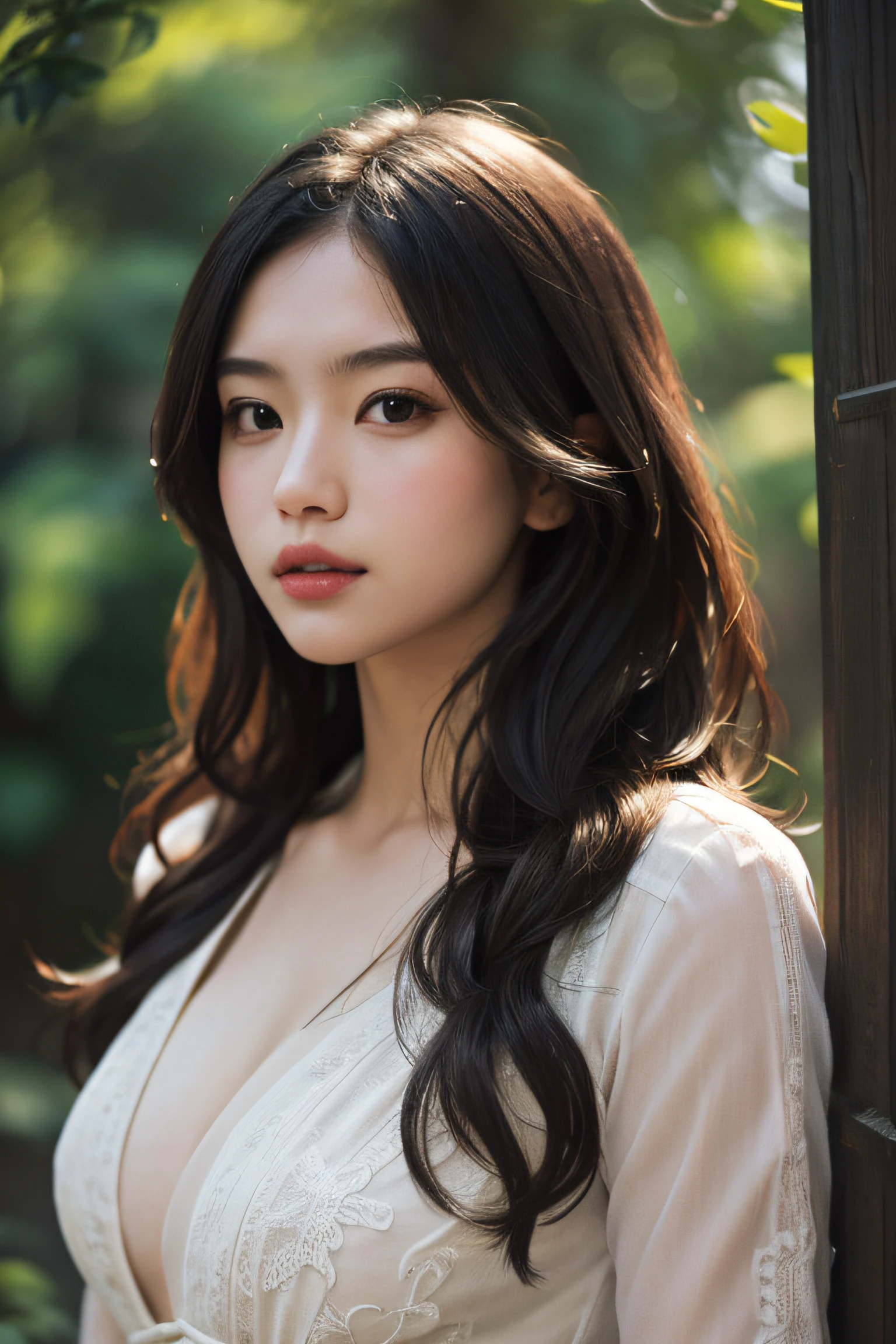 (masutepiece:1. 2), (Realistic:1. 4), (post processed:1. 3), (Sharp Focus:1. 3), 8K, mid-body shot (85mm Photo) , femele, Portrait, plein air, Empire Waist Dress, Bokeh, Wavy Hair , (Highly detailed body, Highly detailed face, Highly detailed eye, Best Quality:1. 2)