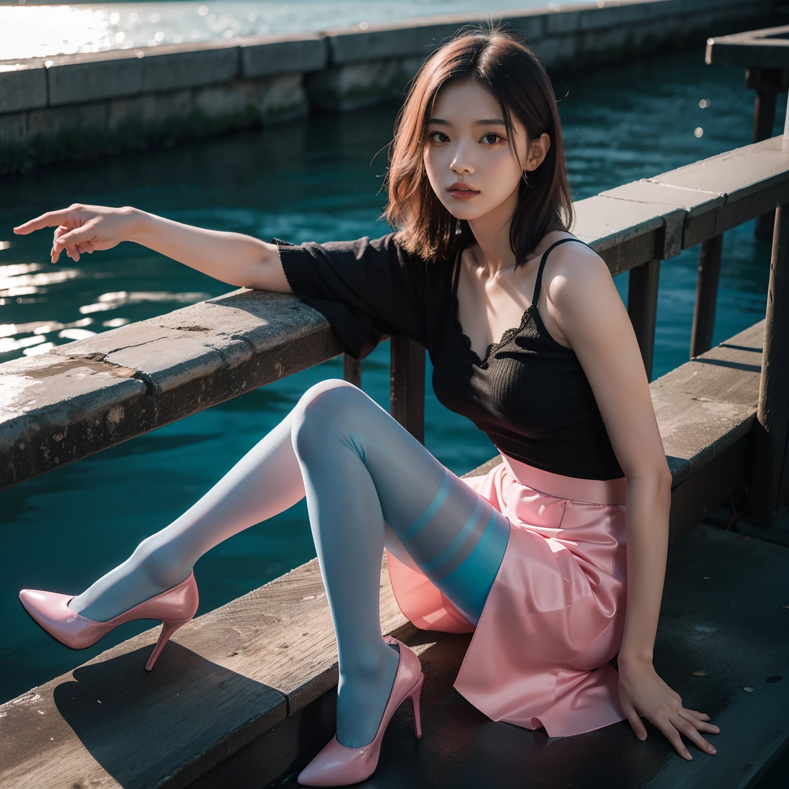 (Full body:1.5)，(1girl in:1.3),(view the viewer:1.4)，(anatomy correct:1.3),(Sitting in the sea:1.2),(Pink and blue elastic skirt :1.2),((pantyhose):1.3),( The girl pointed out the thick heel :1.1)，(Accurate and perfect face:1.3),hyper HD, Ray traching, reflective light， Structurally correct, awardwinning, high detailing, Lighten the shade contrast, Face lighting ，Cinematic lighting, masutepiece, super detailing, High quality, high detailing, Best Quality, 16 K，High contrast,