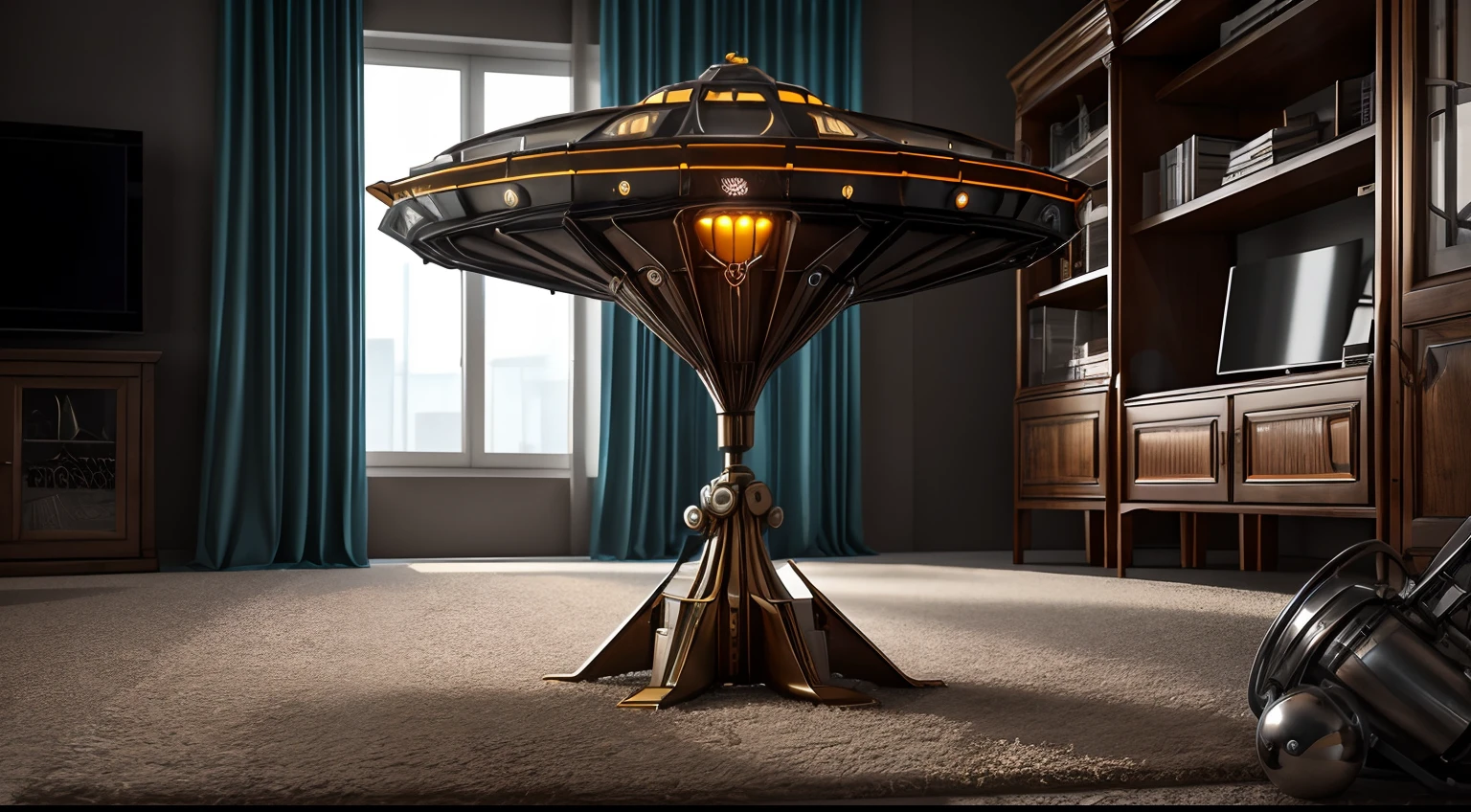 One Organic Steampunk Mechanical Sci-Fi UFO, sitting on the floor of a modern living room with carpet, Modern interior, high quality photo, extra high resolution, (Photorealistic:1.4), cinema lighting, insanely detailed, hyper realistic, fine details, Octane Render, add_detail:1