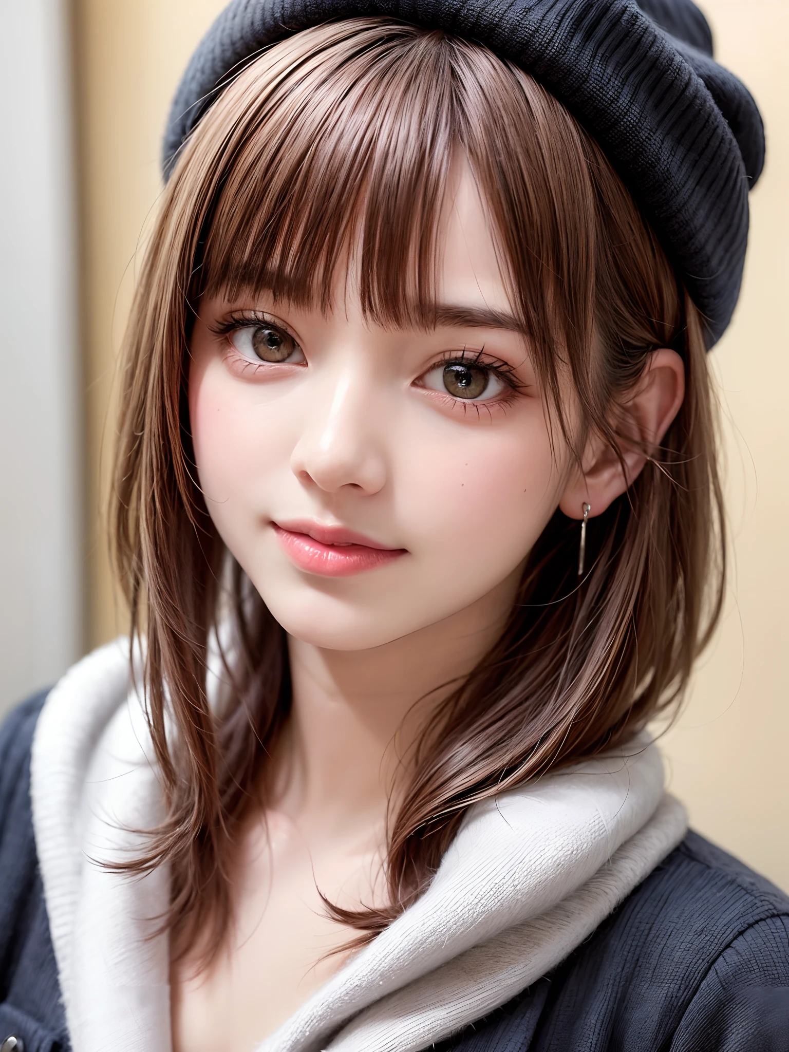 (masterpiece, top-quality、Very attractive adult beauty、Add intense highlights to the eyes、Look firmly at the camera),1girl in, 独奏, A dark-haired, scarf, Hats,, realisitic, looking at the viewers, black eyes of light color, shorth hair, coat, Winter clothes, White headscarf, s lips, lipgloss,bangss, The upper part of the body、big eye、Lashes)、((Road system in Italy))、((Shorthair with bangs、big eye、Put very strong highlights in your students、very Bigger breasts、gazing at viewer、Very beautiful beauty、Put your ears out、long neck、little smiling、Beautiful teeth、Open your mouth and smile))、28 year old、Very cute supermodel